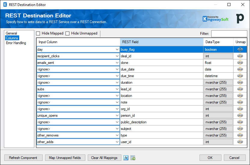 Pipedrive Destination Component - Columns